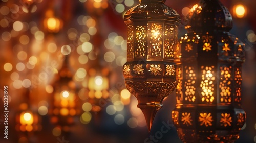 Festive Ramadan Kareem Background with Glowing Lanterns and Islamic Patterns