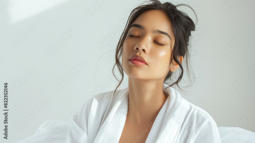 Relaxed Asian Woman in White Bathrobe Enjoying Morning Light Relaxed Asian Woman in White Bathrobe Enjoying Morning Light