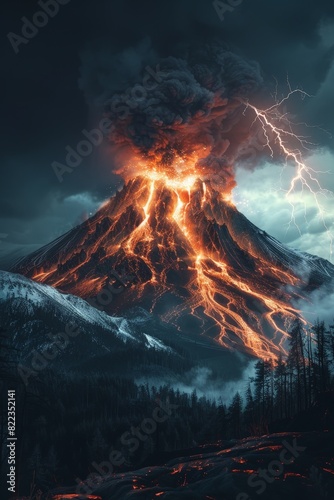 Volcanic eruption, clouds of smoke and ash. Purple lightning. Lava flows. A natural disaster. Cumulus clouds. Banner, poster, background. Copy space
