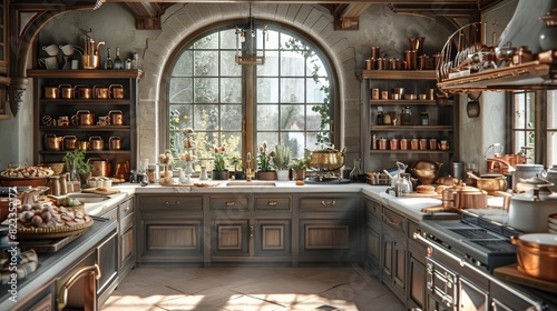 A bakery kitchen with pies, cakes and ice cream, a mansions kitchen with copper pots and pans and views of an old village. Generative AI. photo