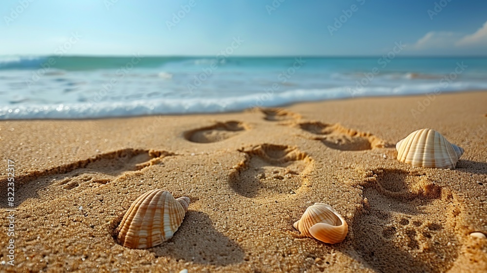 Obraz premium Beachside Bounty: Shells scattered on sandy shores under a sunny sky, by the serene sea