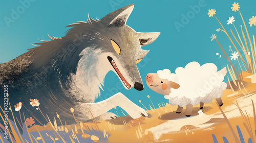 Lobo brincando com uma ovelha - Ilustra    o infantil fofa  delicada e alegre - arte colorida