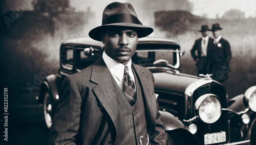 Stylized black and white photo of a man next to a classic car, capturing the spirit of the 1920s gangster era