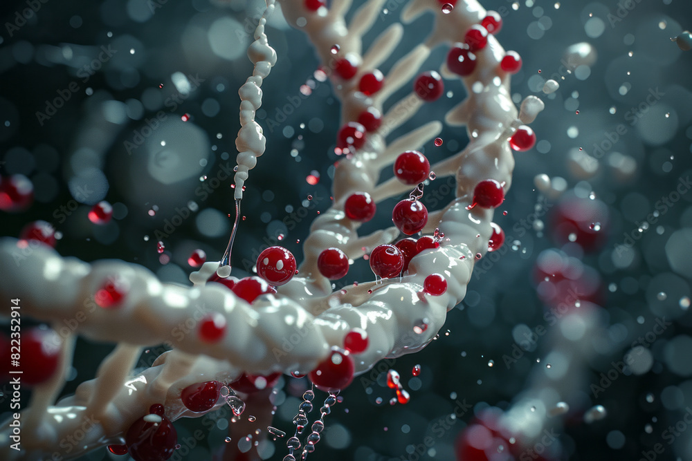 Depiction of a DNA helix with strands of blood and milk, representing the essence of life and genetic nourishment, Depiction of a DNA helix with strands of blood and milk, representing the essence of life and genetic nourishment,