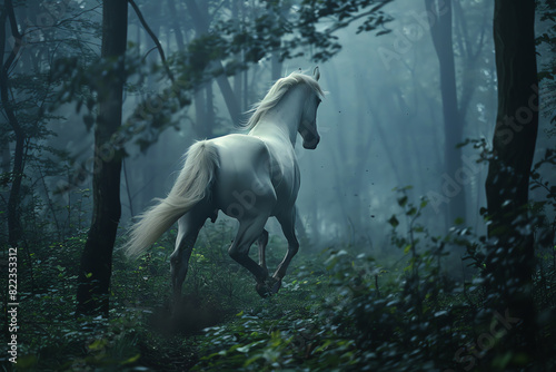 Illustrate the back of a majestic white stallion galloping through a misty forest  emphasizing its strength and grace  ideal for a nature-themed poster
