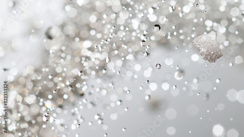 Sparkling sugar crystals falling gracefully against a white backdrop