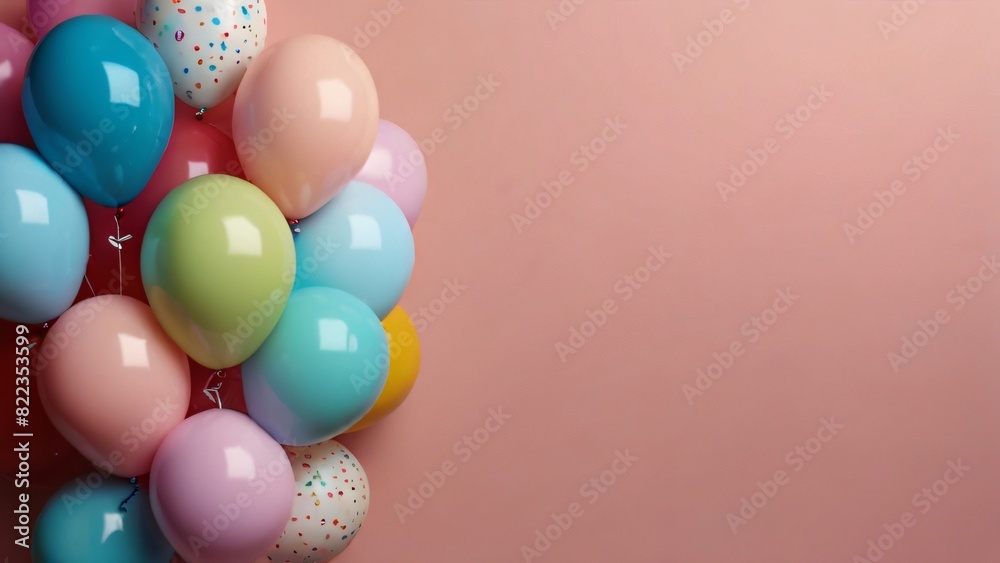 Colorful balloons in various sizes float against a pink background. Perfect for parties or adding a festive touch