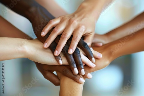 Close-up of diverse hands stacked together  symbolizing unity  teamwork  and collaboration