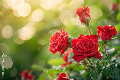 Vibrant red roses adorned with dewdrops basking in the warm morning light