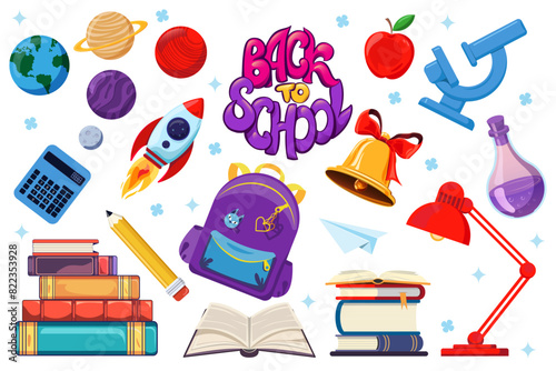 Back to school design elements, collection of popular school supplies.