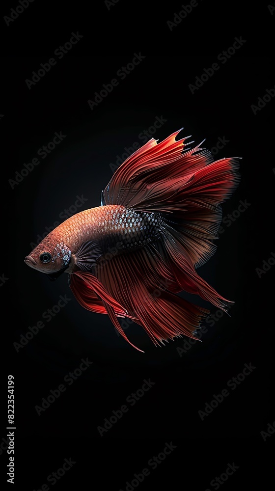 A beautiful Betta fish with vibrant red fins, swimming gracefully against a black background. A beautiful Betta fish with vibrant red fins, swimming gracefully against a black background.