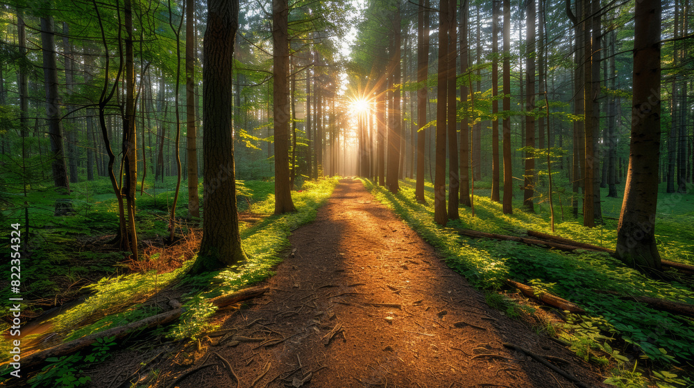 The path through the forest is illuminated by the sun's rays.