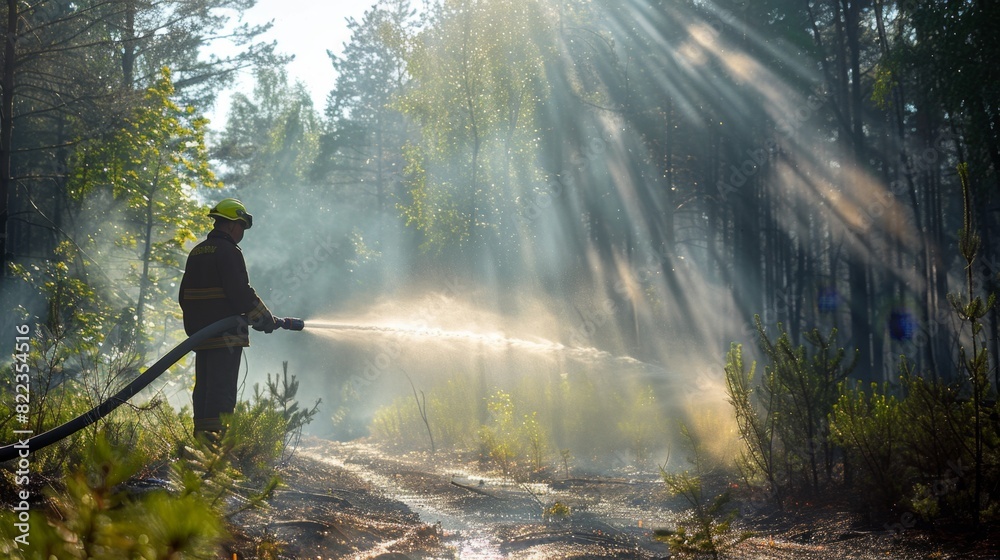 A firefighter in the forest in uniform extinguishes burning trees by watering them with a hose. forest fires, nature conservation