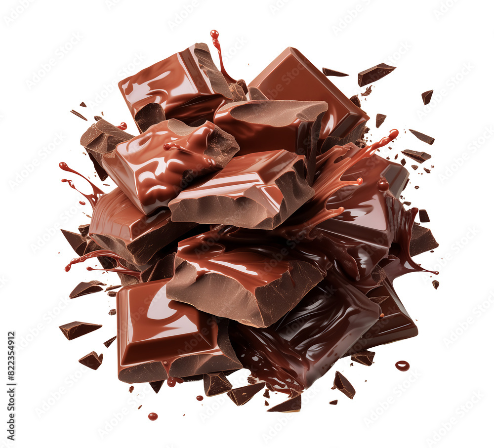Fototapeta premium stack of chocolate bars with a splash of brown liquid on top isolated on transparent background