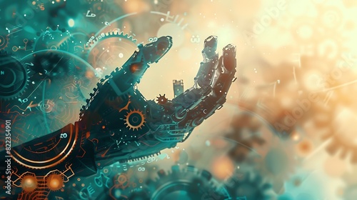 Futuristic Technology Background with Robotic Hand, Gears, and Mechanical Elements Double Exposure. Copy Space in Metallic Tones.