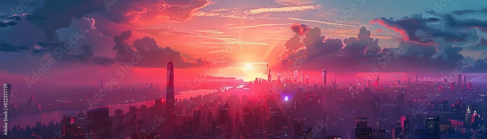 A vibrant digital illustration of a futuristic cityscape bathed in the glow of a sunset and neon lights, showcasing a blend of advanced technology and urban design