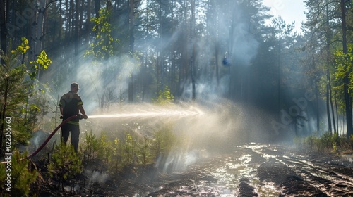 A firefighter in the forest in uniform extinguishes burning trees by watering them with a hose. forest fires, nature conservation photo