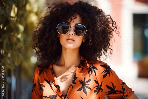 curly girl in sunglasses, young beautiful fashionable model portrait, bright background for design, copy space, close-up