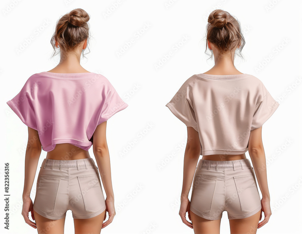 Fashionable cropped t-shirts in pastel shades on two models showcasing front and back views Fashionable cropped t-shirts in pastel shades on two models showcasing front and back views
