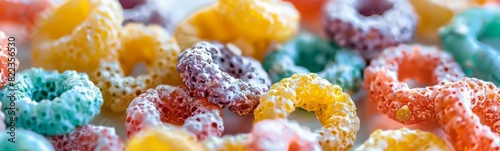 Many different colored cereals that are on a plate, sugary food background 