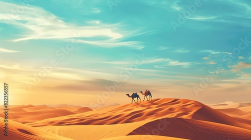 Tranquil Desert Serenity  Double Exposure Silhouette of Camels in Golden Dunes Close-Up Wallpaper with Copy Space