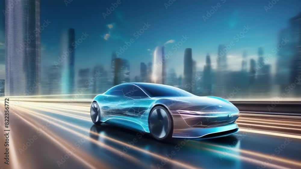 Futuristic electric car driving fast through a city at night. The vehicle has a sleek, aerodynamic design and is highlighted with blue neon lights. Future Technologies. Electric cars Futuristic electric car driving fast through a city at night. The vehicle has a sleek, aerodynamic design and is highlighted with blue neon lights. Future Technologies. Electric cars