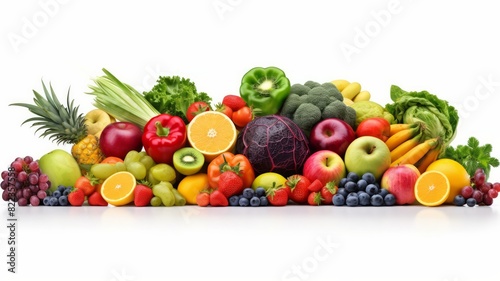 A vibrant array of fresh fruits and vegetables  including apples  grapes  oranges  peppers  and broccoli  on a white background.