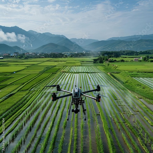 Agricultural innovation with hightech agricultural drones soaring over vast rice fields Showcasing advanced spraying capabilities for effective weed and pest control photo