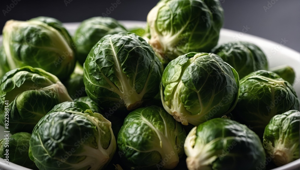 Fototapeta premium Close up of fresh green Brussels sprouts on white background. Organic vegetable, healthy food, vegan diet concept.