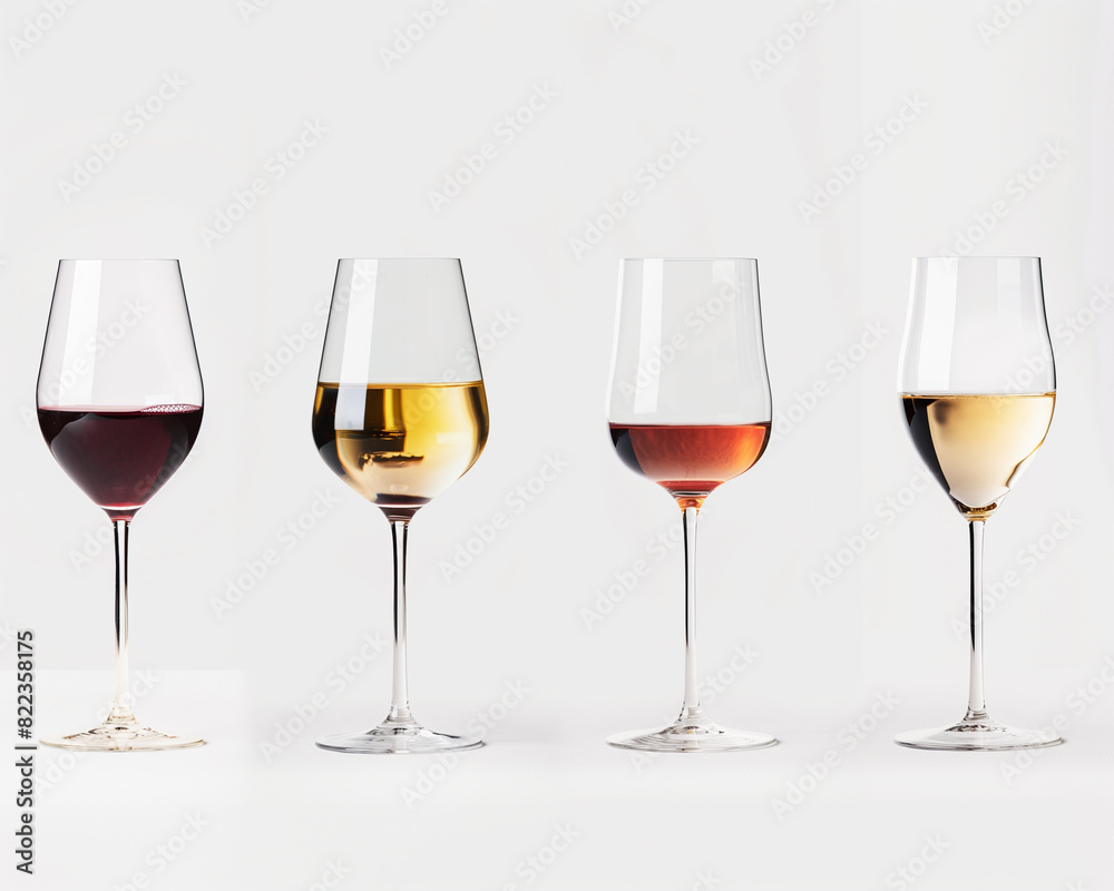 Four wine glasses with red, pink, white wine on a light background Four wine glasses with red, pink, white wine on a light background