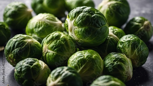 Close up of fresh green Brussels sprouts on white background. Organic vegetable, healthy food, vegan diet concept. photo