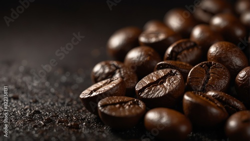 Close up of coffee beans on a dark textured background.