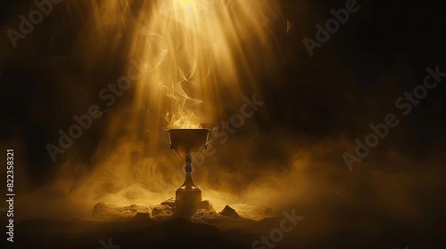 dramatic trophy cup silhouette illuminated by smoky spotlight digital painting