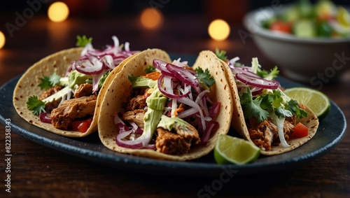 Colorful plate of tacos filled with chicken, slaw and pickled red onion.