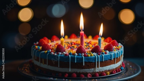 Coloring birthday cake with candles decorated flat.