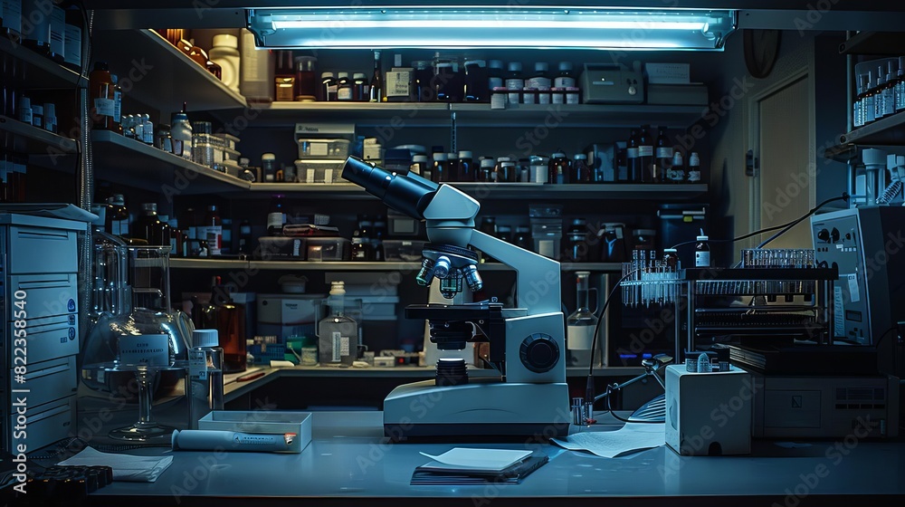 An advanced microscope is carefully placed on a desk amidst various laboratory items in a research facility during nighttime An advanced microscope is carefully placed on a desk amidst various laboratory items in a research facility during nighttime