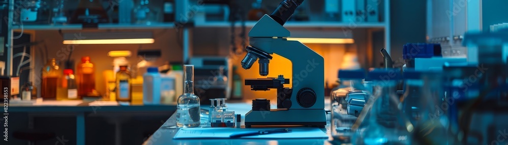 An advanced microscope is carefully placed on a desk amidst various laboratory items in a research facility during nighttime An advanced microscope is carefully placed on a desk amidst various laboratory items in a research facility during nighttime
