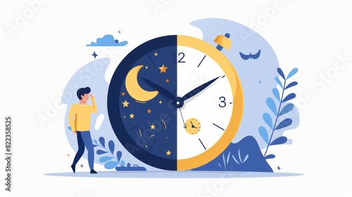 Person near clock, changing day and night circle, day and might routine, circadian rhythm, time for rest and work concepts