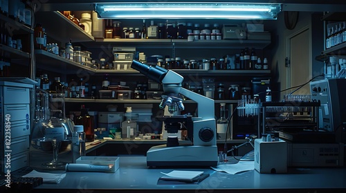 An advanced microscope is carefully placed on a desk amidst various laboratory items in a research facility during nighttime ©  Green Creator