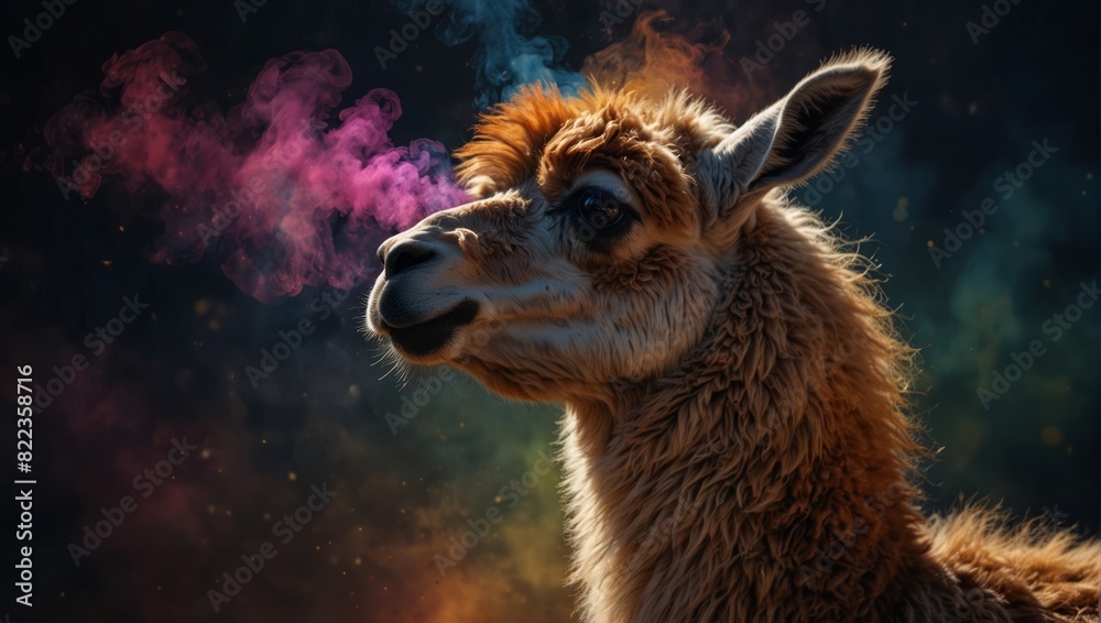 Obraz premium Portrait of a llama with a colourful smoke cloud. Abstract creative animal.
