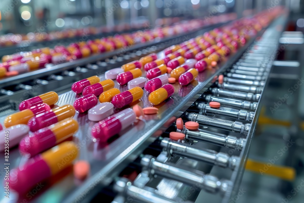 An advanced pharmaceutical production line with automated machines that efficiently process large quantities of colored capsules Pharmaceutical manufacturing concept AI generated