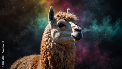 Portrait of a llama with a colourful smoke cloud. Abstract creative animal. photo