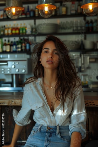 Stylish Young Woman in Casual Blue Denim Relaxing at Modern Cafe