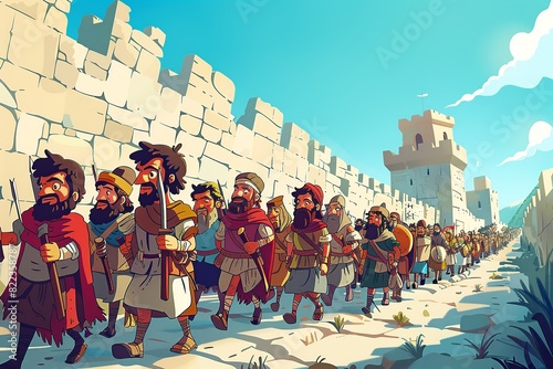 Step into a playful cartoon scene capturing Joshua and the Israelites circling the walls of Jericho  showcasing their resolve and hope as they prepare to bring down the formidable barriers