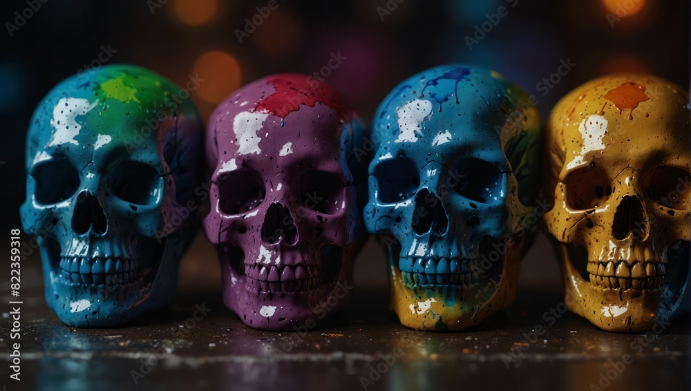 Three painted skulls with colorful paint dripping down their faces,. Three painted skulls with colorful paint dripping down their faces,.