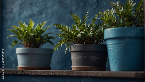 Three potted plants are sitting next to each other on a blue wall,.