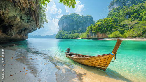 Traditional wooden boat on tranquil tropical beach with turquoise waters and lush green cliffs in the background