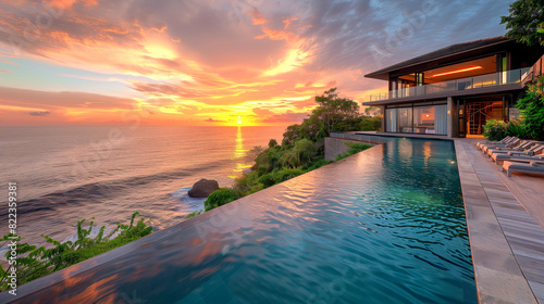 Luxurious modern villa with infinity pool overlooking ocean at sunset  ideal for a serene escape amidst stunning natural beauty.