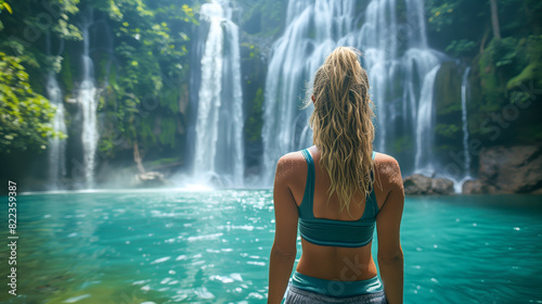 Blonde woman in athletic wear enjoying the serene view of a cascading waterfall in a tropical jungle setting.