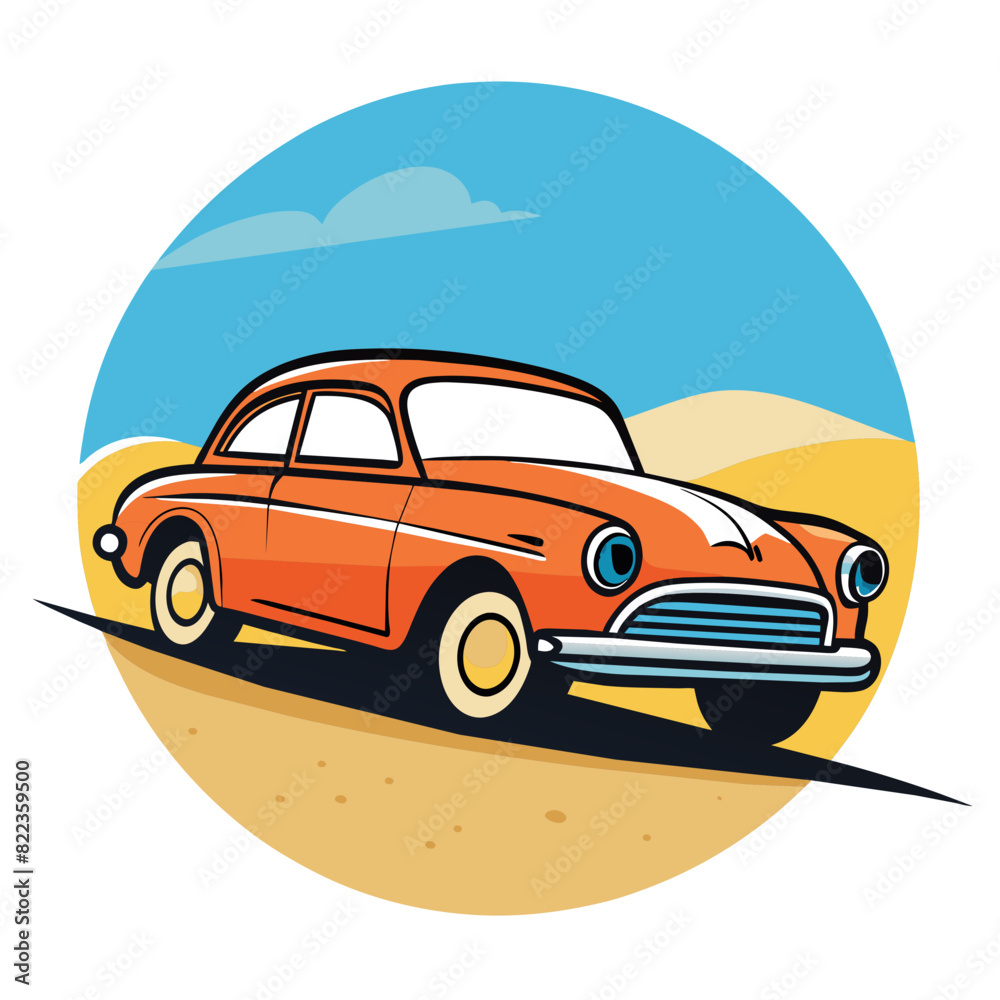 classic vintage car on a summer beach, illustrated in a minimalist flat design style with simple shapes and clean lines